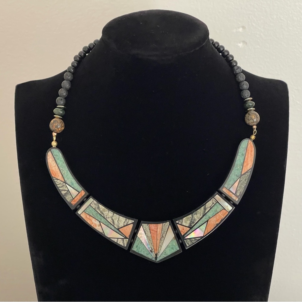 Vintage Geometric Shell Inlay Bib Necklace.